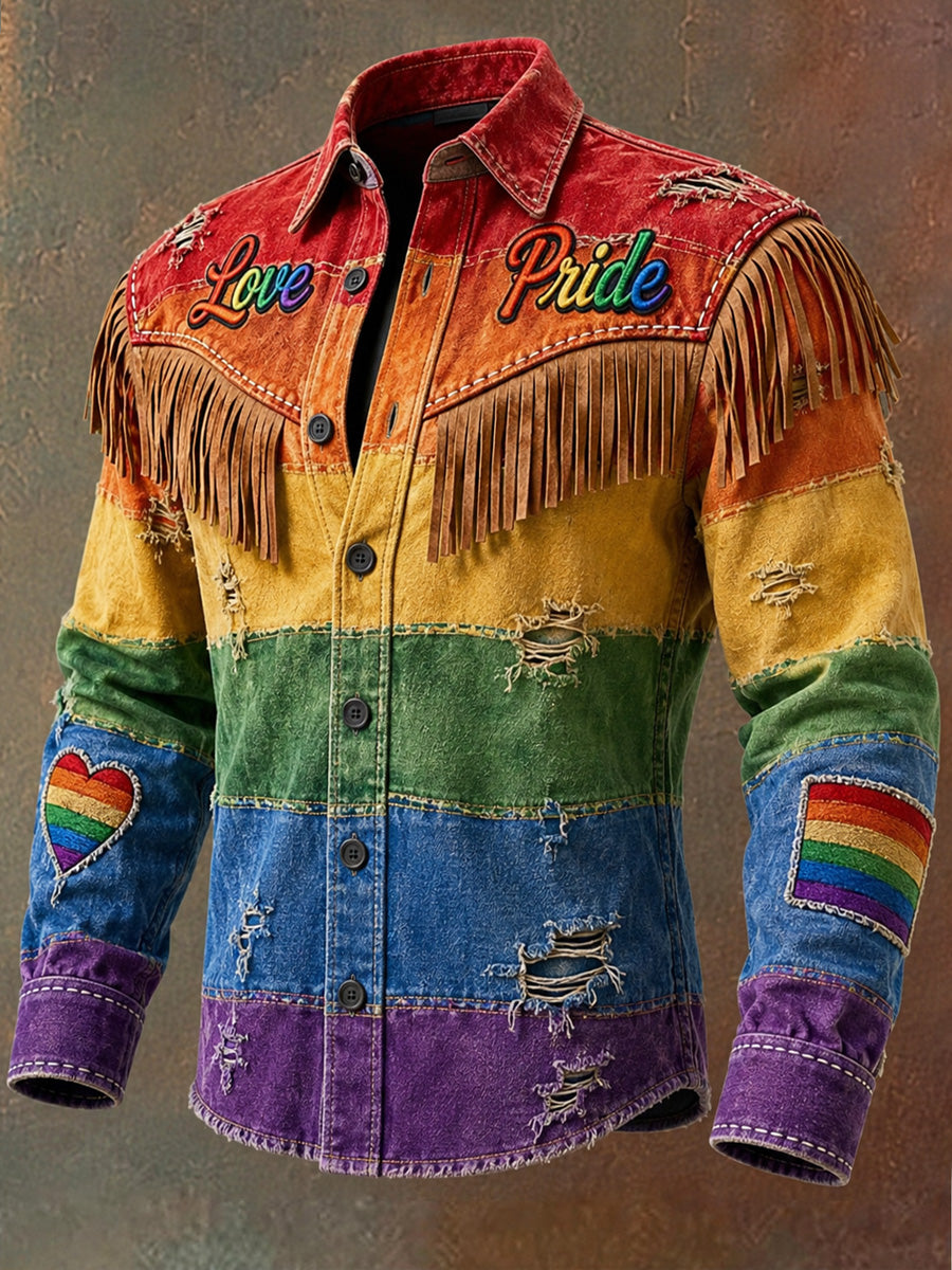 Men's Retro Pride Month Rainbow Art Print Western Vintage Tassel Casual Long Sleeve Shirt